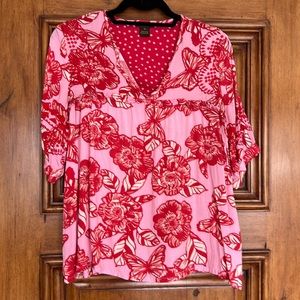 Red and pink floral blouse by Vineet Bahl